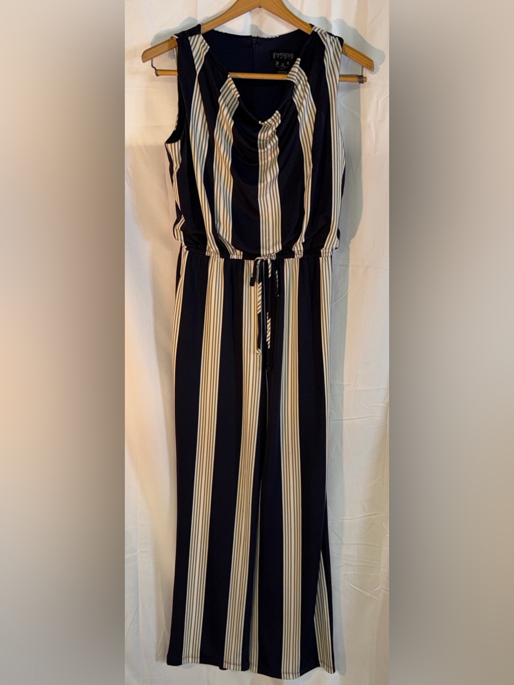 Enfocus Studio Navy and Cream Vertical-Stripe Drawstring Jumpsuit